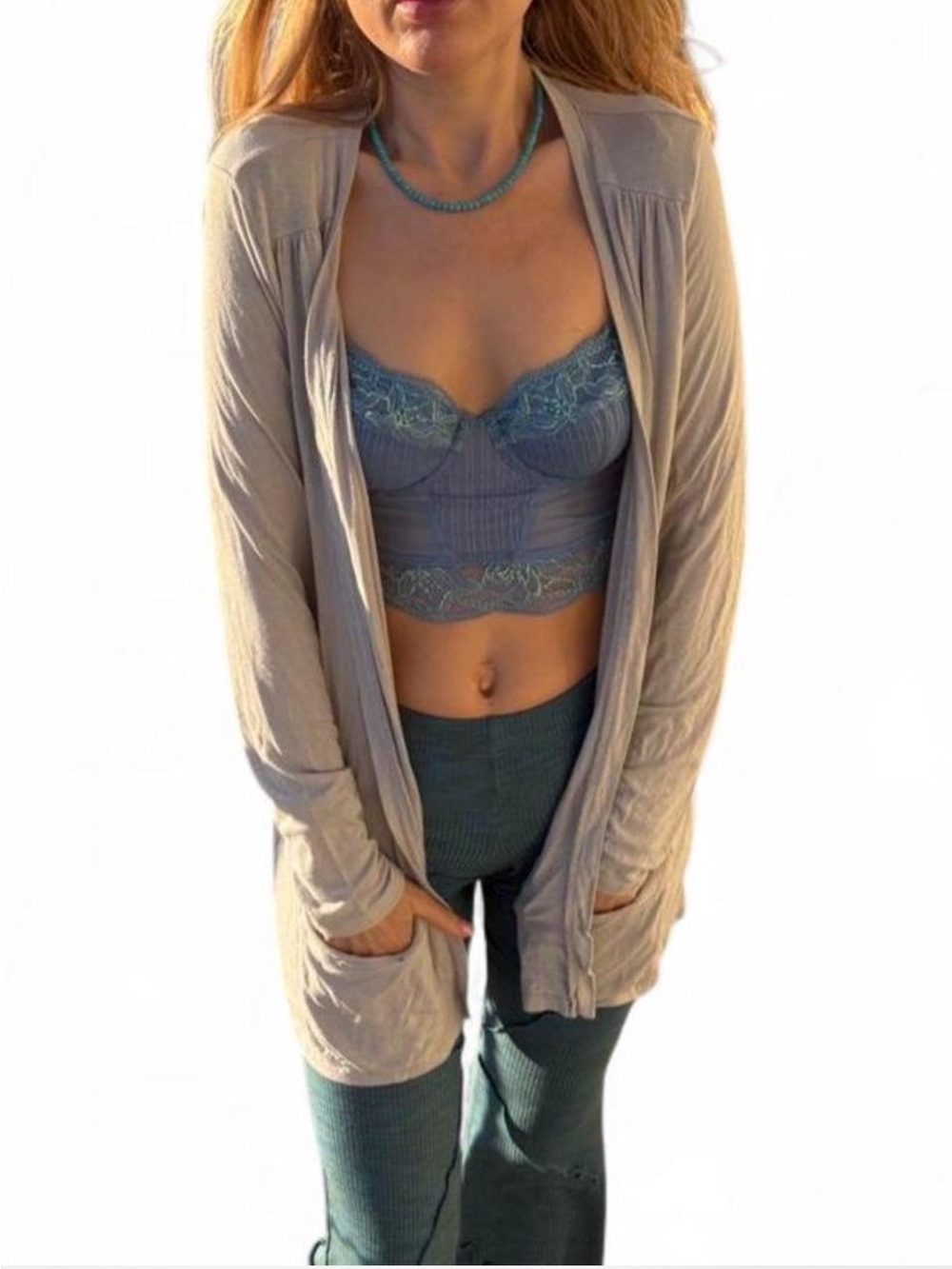 Vintage Y2K boho light grey cardigan with cinched waterfall back Small